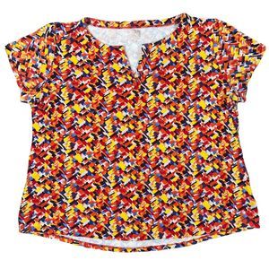 Anne Klein Sport large orange, blue, yellow, red split neck short sleeve shirt